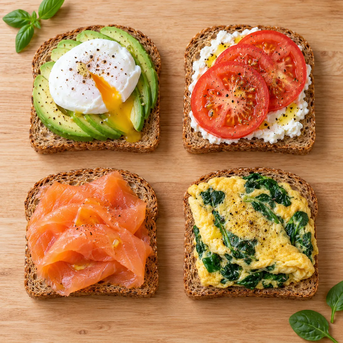 Cuatro tostadas de pan integral: aguacate con huevo poché, queso fresco con tomate, salmón ahumado y huevo con espinacas