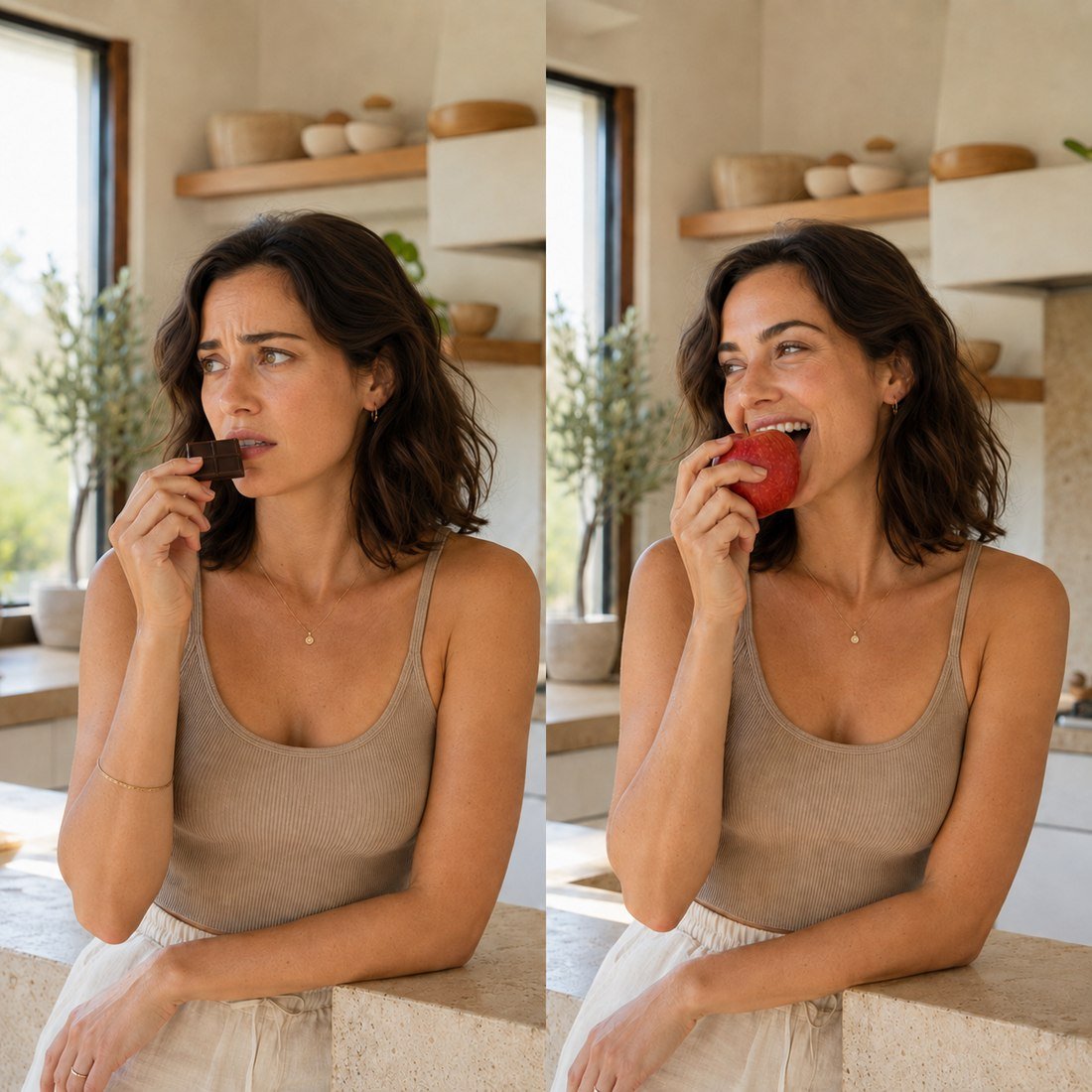 La misma persona, antes y después: comiendo chocolate con culpa y comiendo fruta a gusto