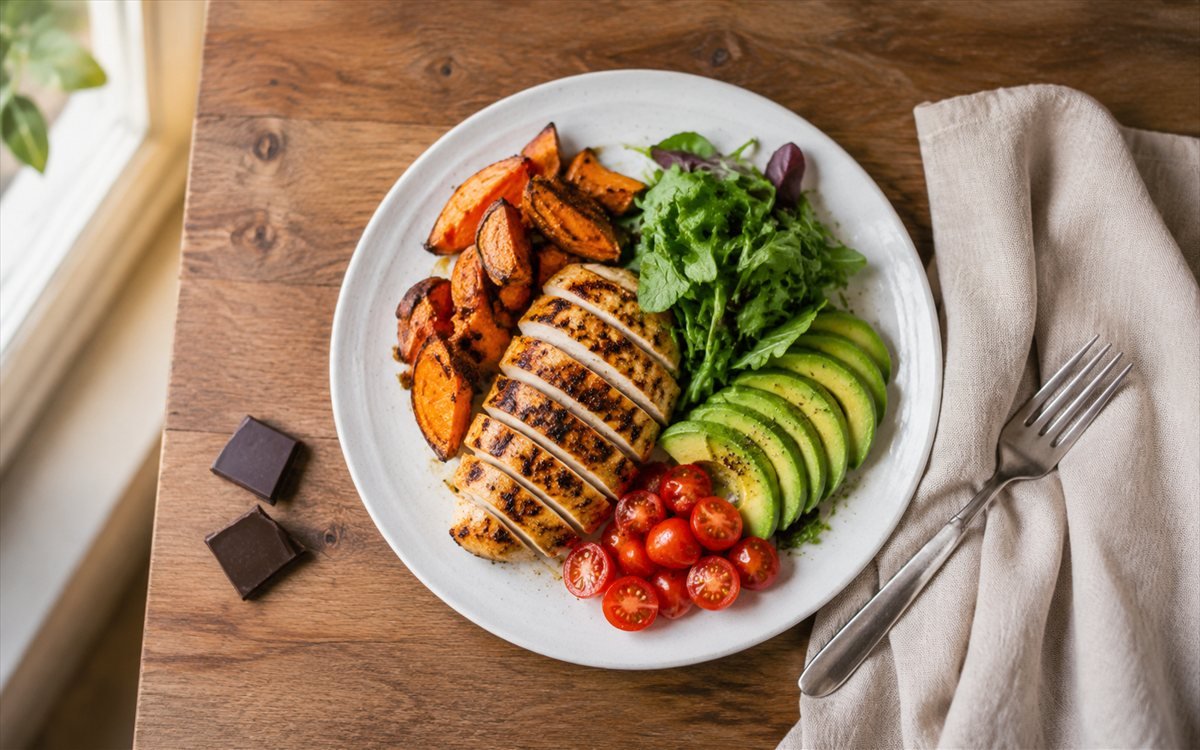Plato de comida real: pollo, boniato, aguacate y dos onzas de chocolate
